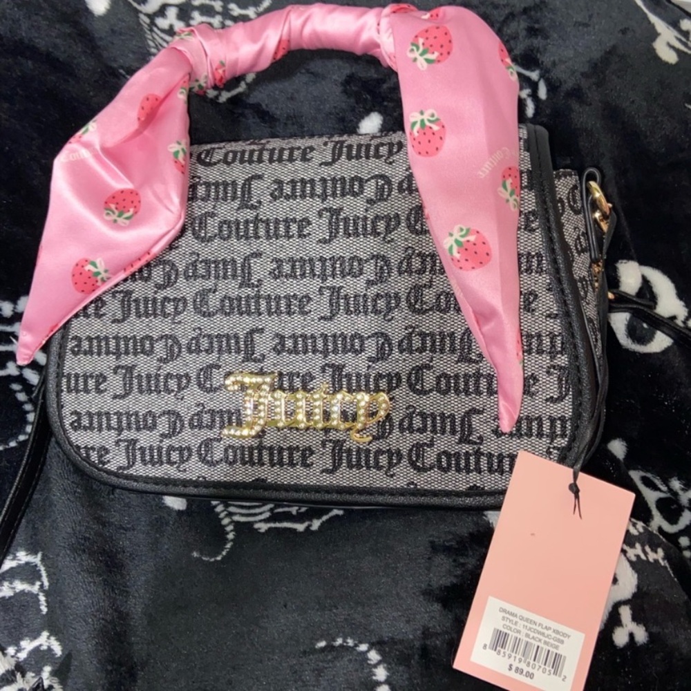 Juicy Couture Black Logo Crossbody with Pink Strawberry Scarf
